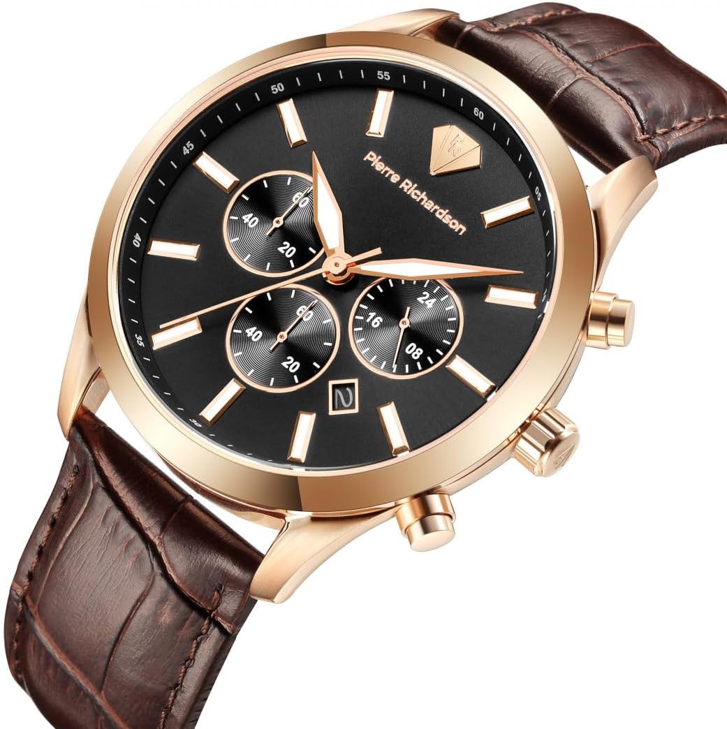 PIERRE RICHARDSON Reloj de lujo para hombre PR2320 - Cuarzo de acero inoxidable plateado, 1.732 in, resistente al agua 5ATM, cristal de zafiro resistente a los arañazos