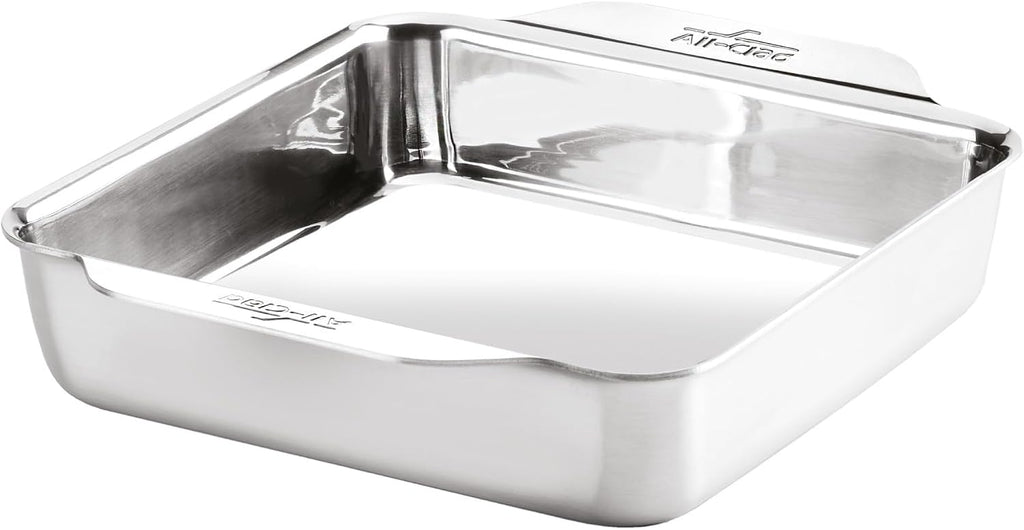 All-Clad Bandeja cuadrada de acero inoxidable para hornear tartas de 8 x 8 pulgadas, triple capa unida para hornear consistente, (asar, hornear galletas, brownies y más) utensilios profesionales de