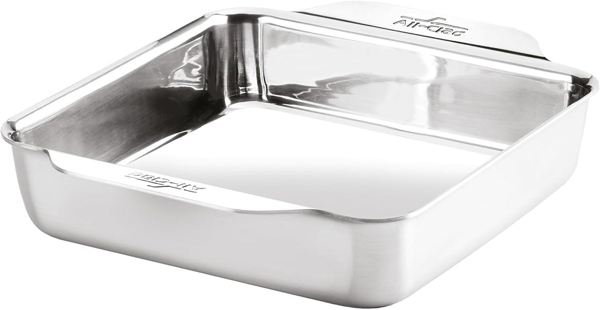 All-Clad Bandeja cuadrada de acero inoxidable para hornear tartas de 8 x 8 pulgadas, triple capa unida para hornear consistente, (asar, hornear galletas, brownies y más) utensilios profesionales de