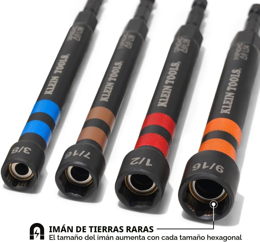 Klein Tools 32940 SAE Juego de Llaves de Tuercas de Impacto Huecas Magnéticas, 6 Piezas Codificadas por Color Llave de Tuercas Hueca de Potencia con Alcance Extendido, 6 Tamaños SAE