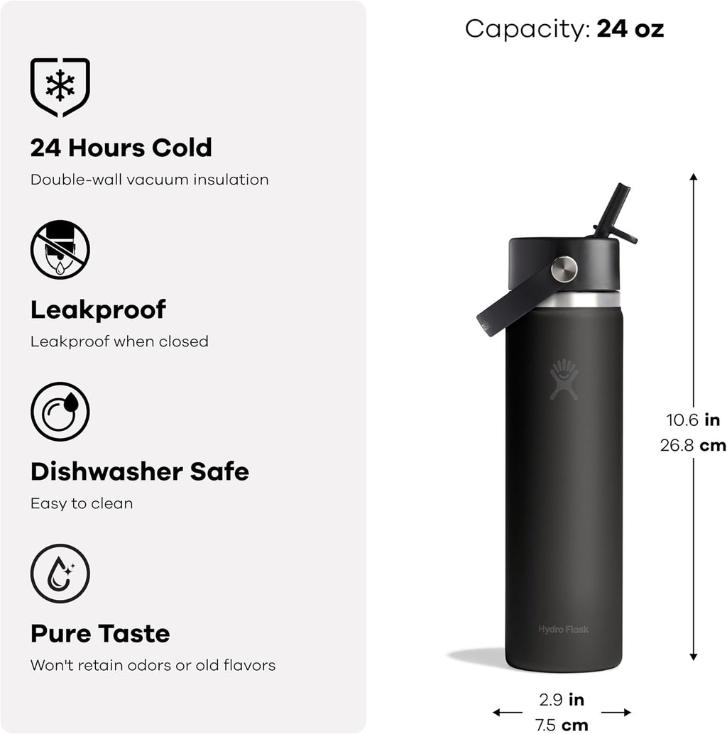 Hydro Flask Botella de agua – Acero inoxidable aislado – Tapa ancha con pajilla, antiderrames, a prueba de fugas en 24 onzas azul puerto