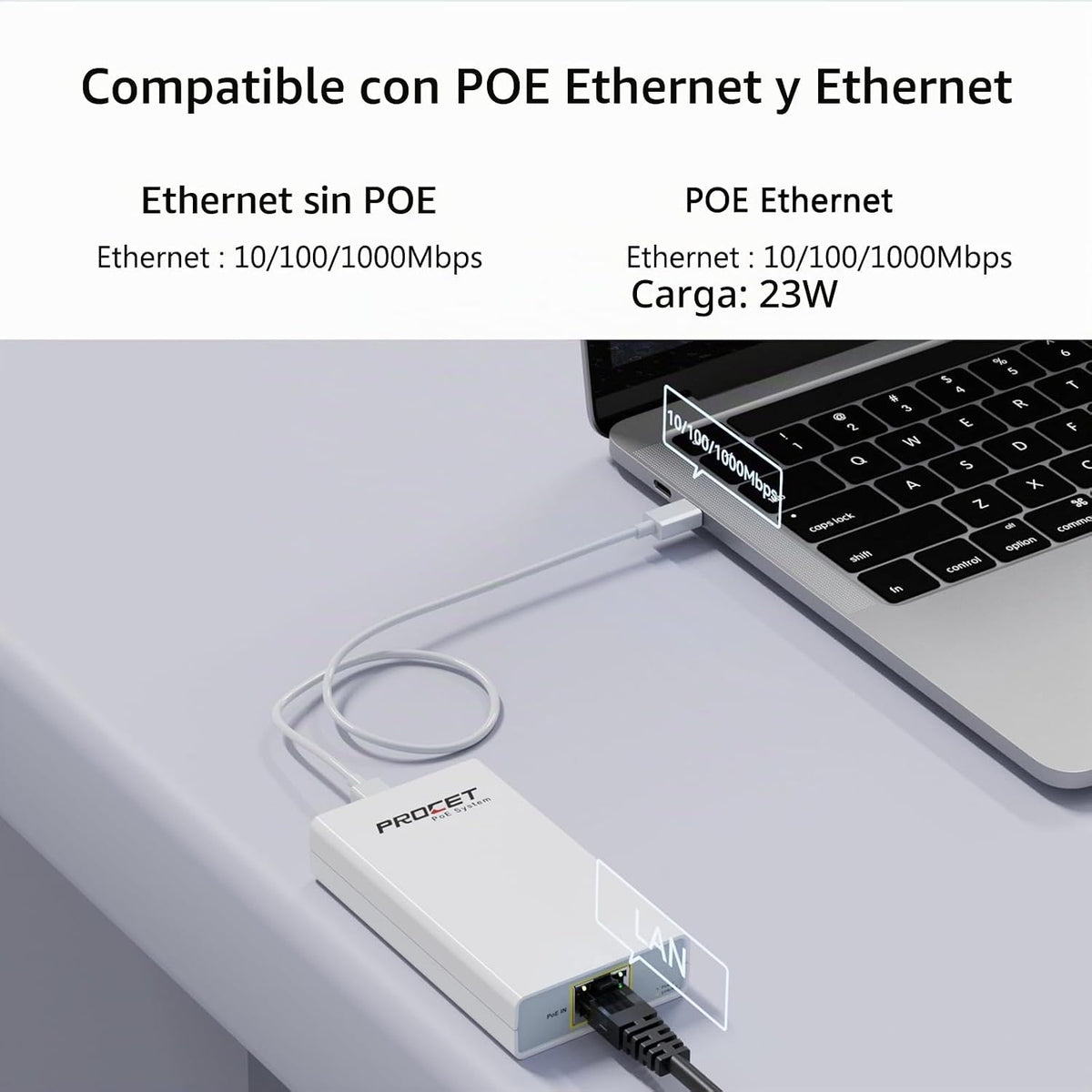 Convertidor Gigabit PoE a USB C, adaptador USB-C a Ethernet con carga de 23