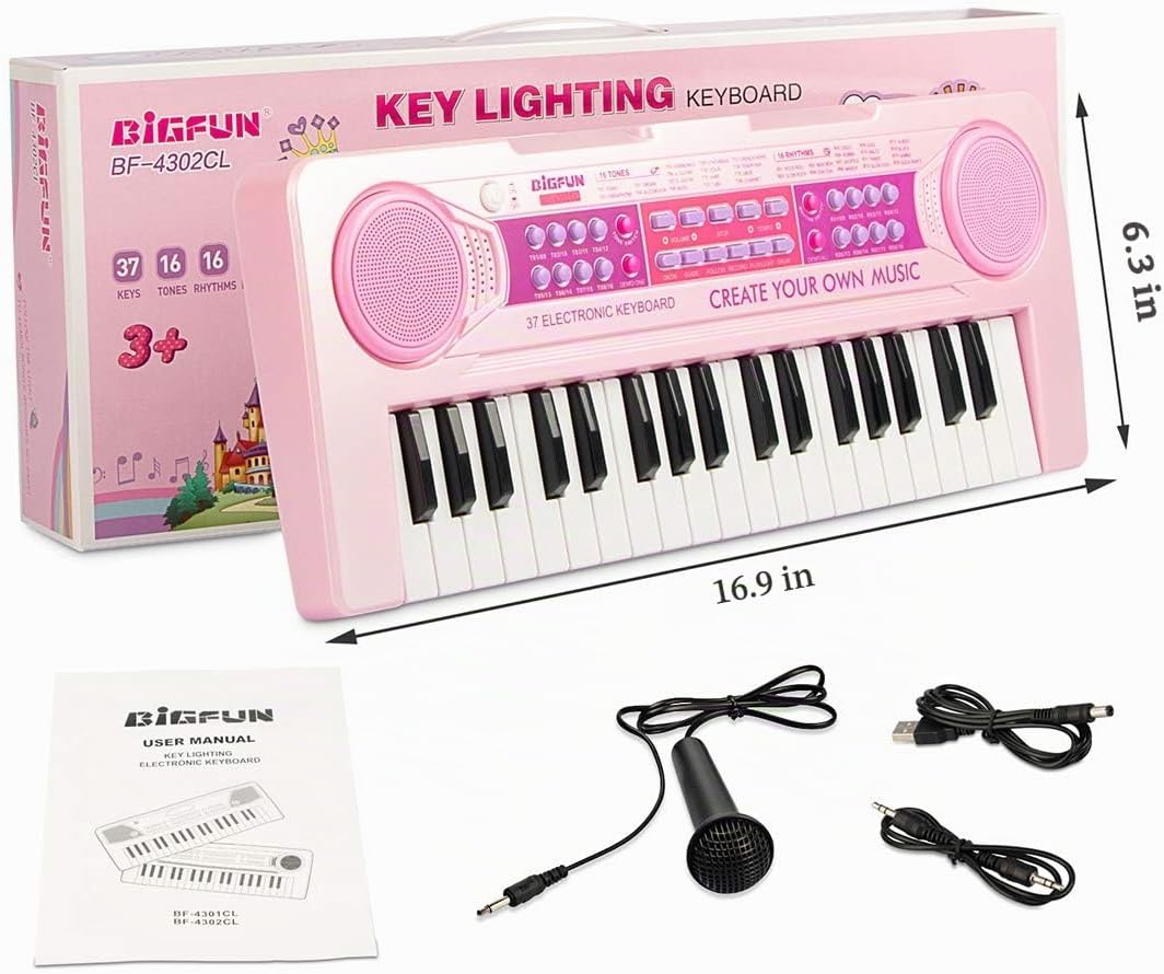 Teclado de piano recargable para niños, 37 teclas con micrófono e