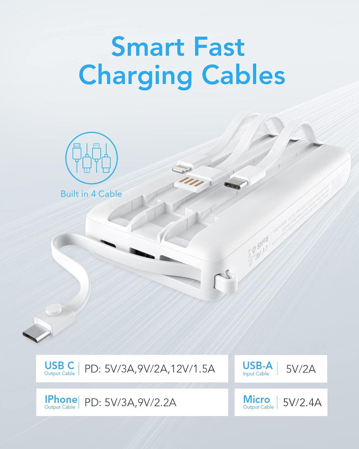VRURC Cargador portátil de 20000 mAh, cables incorporados, cargador...