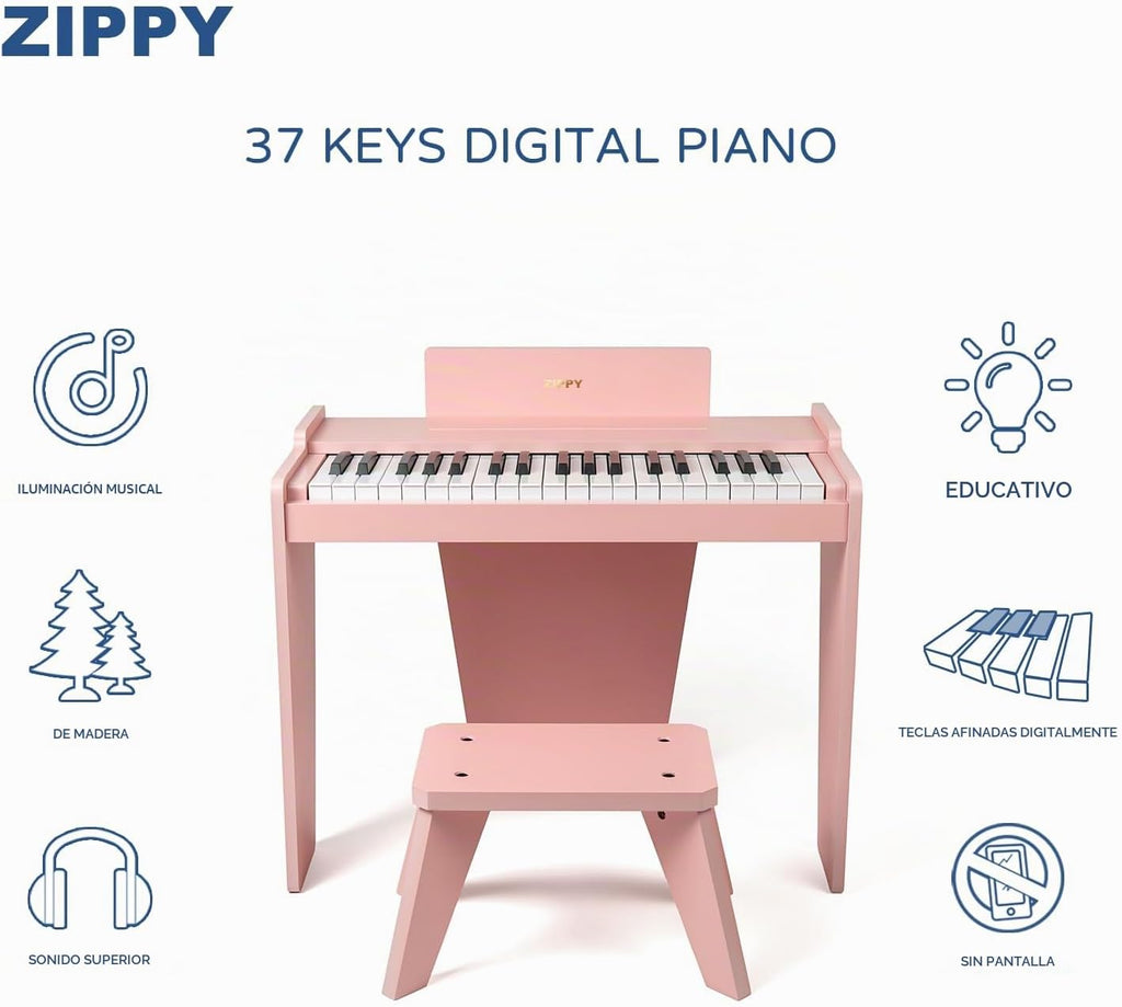 ZIPPY - Teclado de piano para niños, piano digital de 37 teclas para niños, instrumento educativo musical, piano de madera para niñas y niños mayores de 3 años