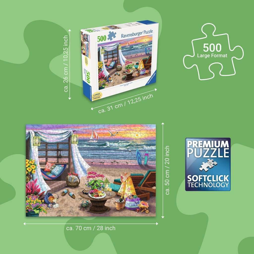 Ravensburger - Cabana Retreat - Rompecabezas de gran formato de 500 piezas - Disfruta de brisas tranquilas y saladas y una impresionante puesta de sol en el océano - Enmarcable - Calidad premium