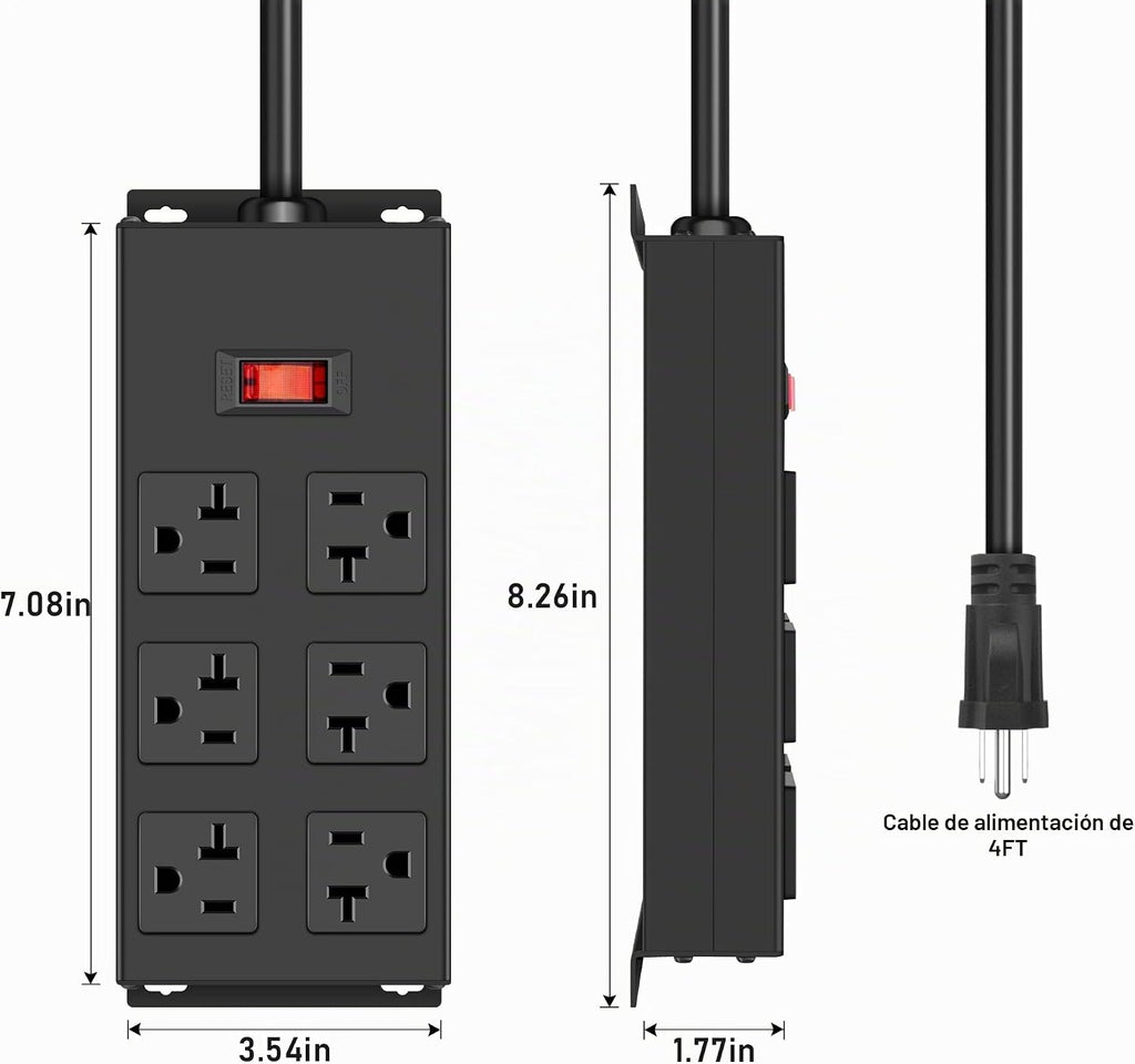 Regleta de alimentación resistente de 20 amperios, garaje 6 salidas de metal calibre 12, protector de sobretensiones 3000J, adaptador 5-15P de alto amperio para taller 6-20R ranura en T
