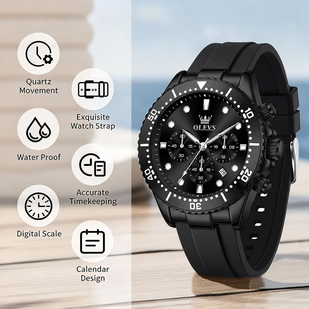 OLEVS Relojes para hombres con correa negra, Reloj cronógrafo profesional para hombres
