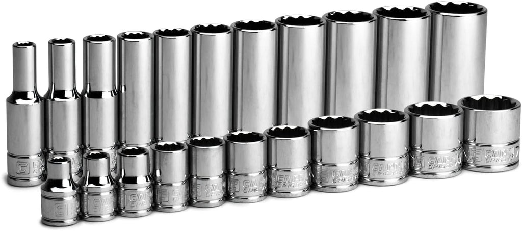Capri Tools Juego de llaves de 3/8 pulgadas de 12 puntos, SAE, poco profundas y profundas, de 1/4 a 7/8 pulgadas, 22 piezas