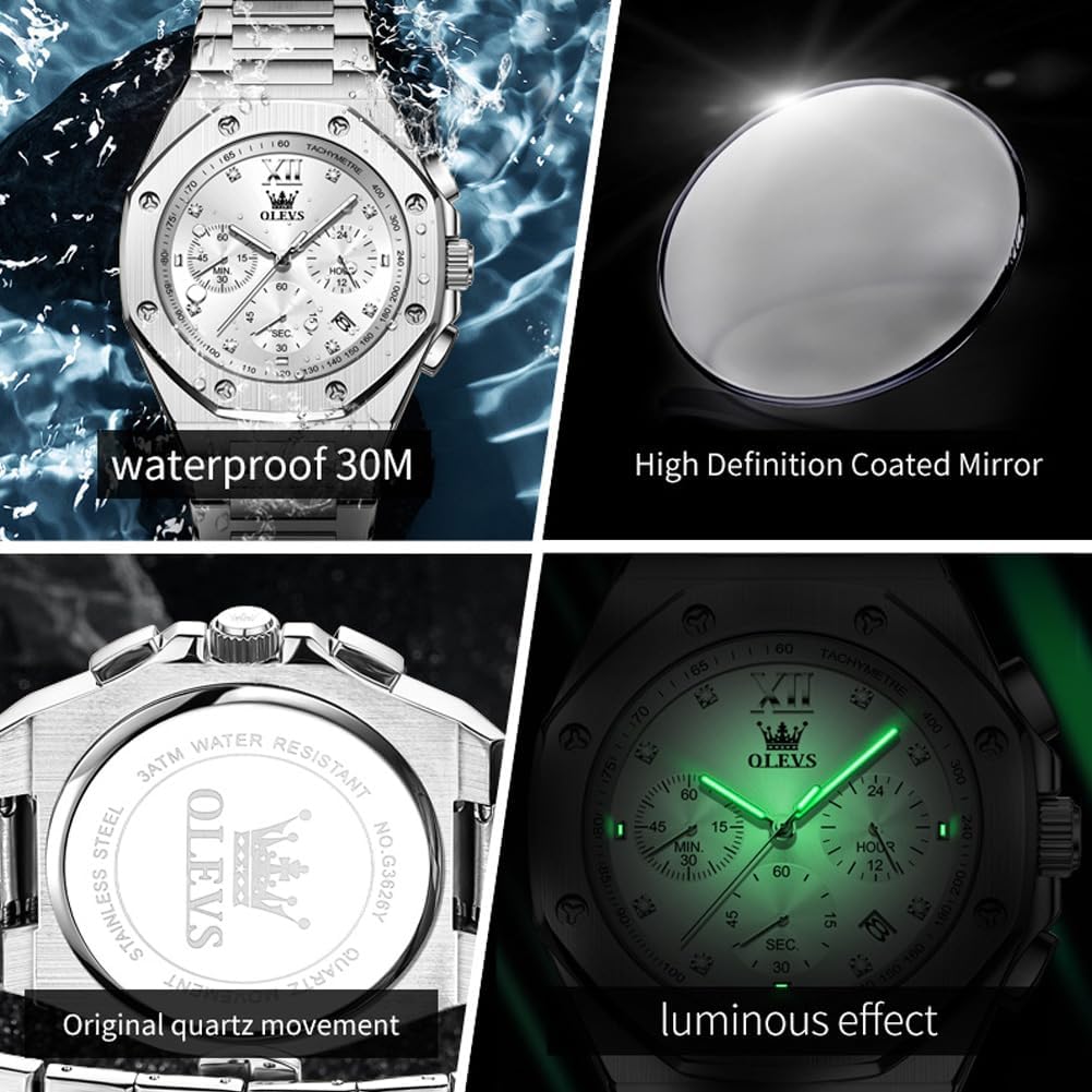 OLEVS Relojes para hombres de lujo octagonales en acero inoxidable de pulsera: reloj analógico de cuarzo de cara grande luminosa