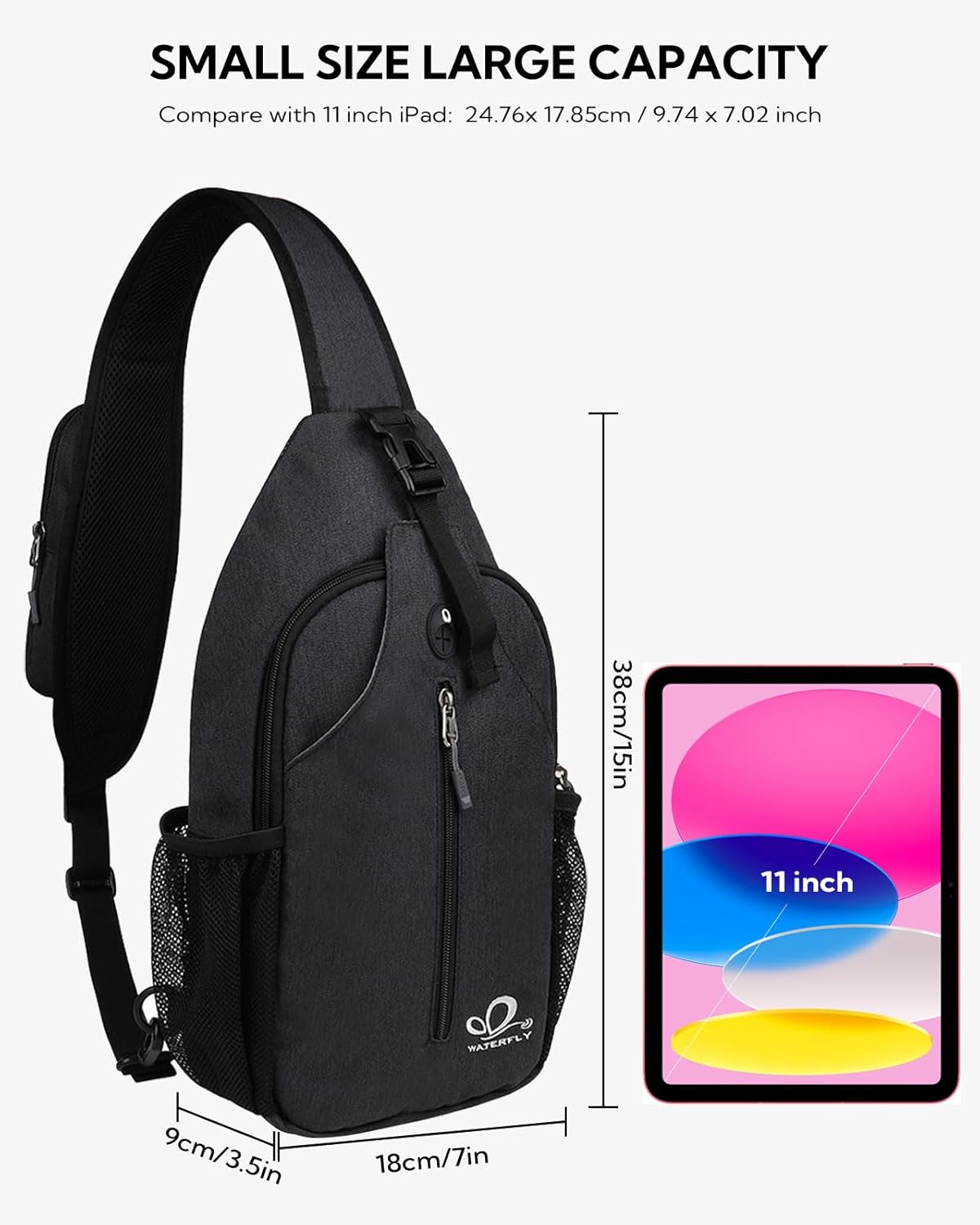 Waterfly - Mochila cruzada tipo bandolera para viajes y caminatas, bolsa de pecho, Negro, talla única