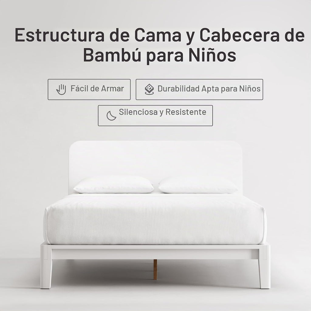 Nectar Base de cama y cabecera de bambú para niños, tamaño individual, color blanco, 12 pulgadas de altura, fácil de instalar sin herramientas, duradera y apta para niños, listones de madera