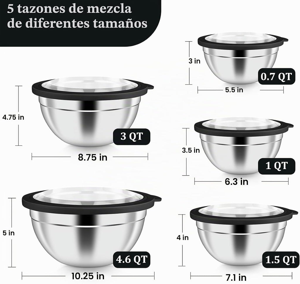 P&P CHEF - Juego de tazones de metal con tapas, tapas herméticas visibles y color negro