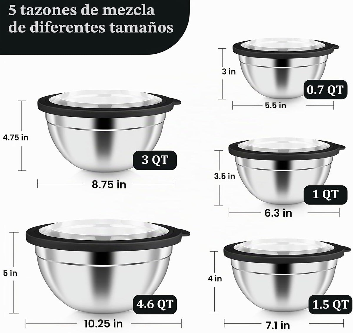 P&P CHEF - Juego de tazones de metal con tapas, tapas herméticas visibles y color negro