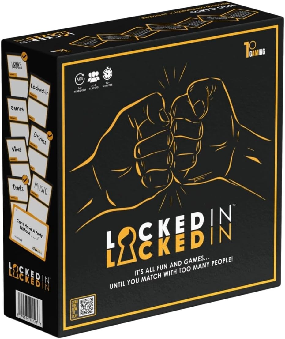Locked-in Juego de cartas de fiesta – 400 cartas de aviso – divertido juego para noche de juegos, fiestas y rompehielos – adultos, adolescentes y familias – 2 – 10 jugadores