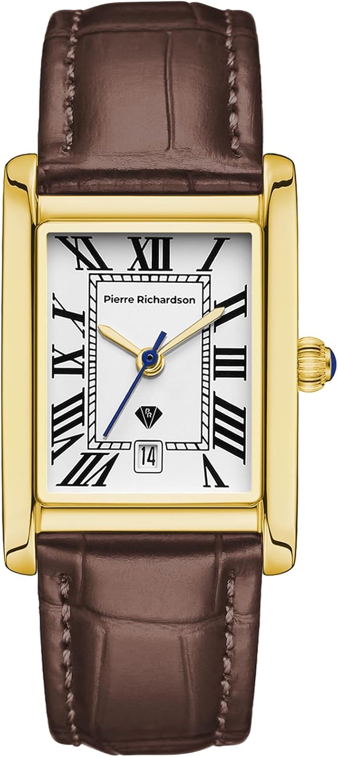 PIERRE RICHARDSON PR2091 Reloj de lujo para hombre - Reloj de cuarzo de acero inoxidable, resistente al agua 5ATM, cristal de zafiro resistente a los arañazos, correa de cuero, reloj para hombre