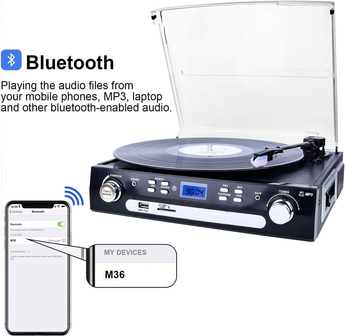Tocadiscos Bluetooth 7 en 1 con altavoces estéreo, tocadiscos para vinilo a MP3 con reproducción de cassette, radio AM/FM, control remoto, codificación USB/SD, conector de salida de música de