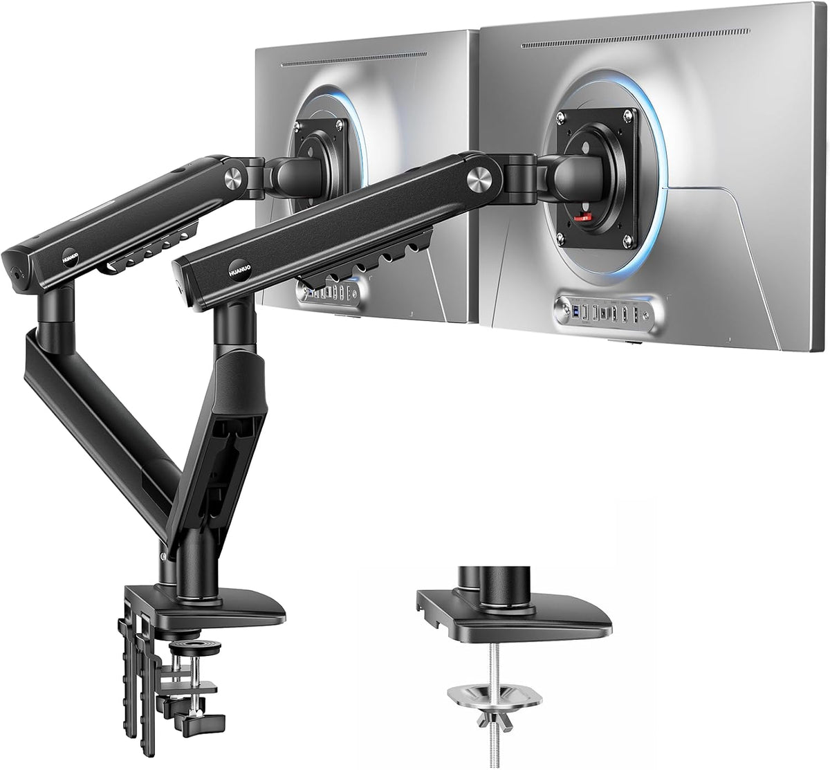 HUANUO FlowLift Pro - Soporte doble para monitor para pantallas de 13 a 32 pulgadas, soporte para monitor MechaSpring, brazos de monitor ajustables para 2 monitores con inclinación/giro/rotación