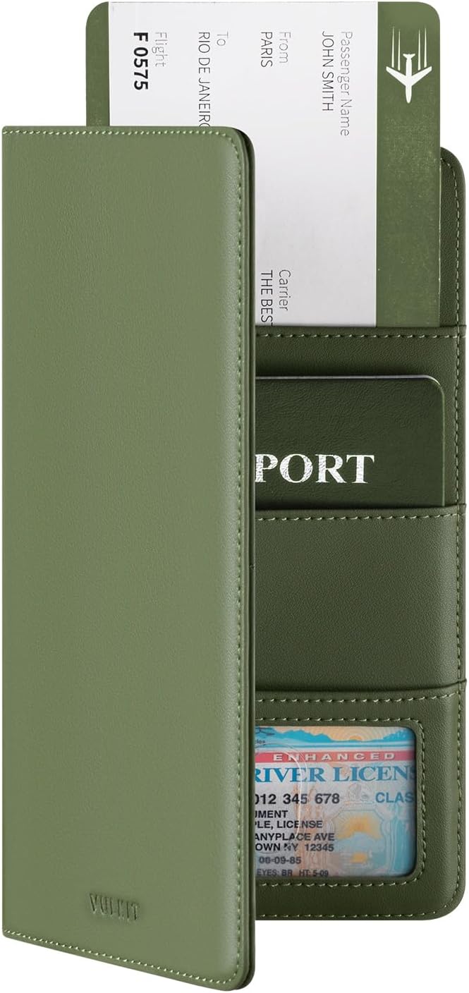 Cartera Porta Pasaporte VULKIT con Bloqueo RFID, Cartera de Viaje para Hombre y Mujer, Verde, Cartera de viaje