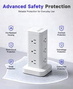 Regleta de alimentación en torre con puerto de carga rápida PD de 30 W, 12 tomas, 4 puertos USB (2 USB-C), protector de sobretensiones de 1800J, estación de carga para múltiples dispositivos, cable de