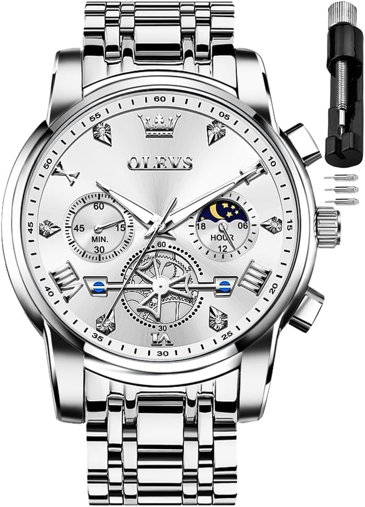 OLEVS Reloj azul para hombre con fase lunar, vestir analógico de acero inoxidable, impermeable, luminoso, fecha, dos tonos, lujo casual, pulsera