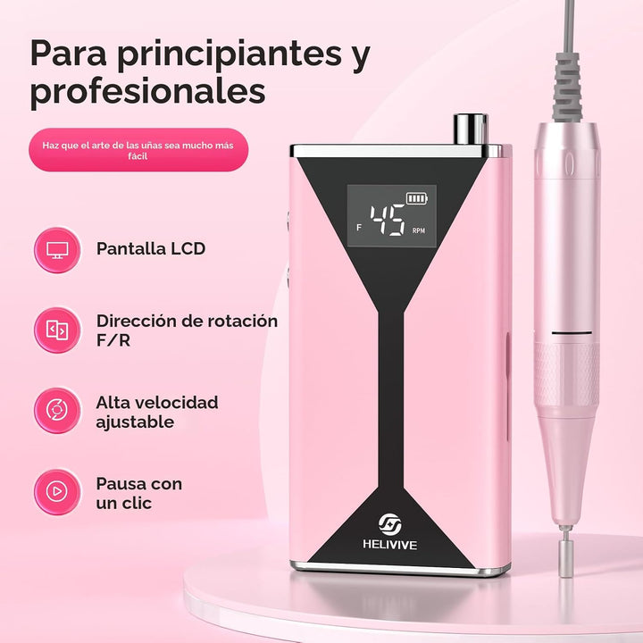 HELIVIVE Taladro de uñas eléctrico profesional de 45000 RPM (portát...