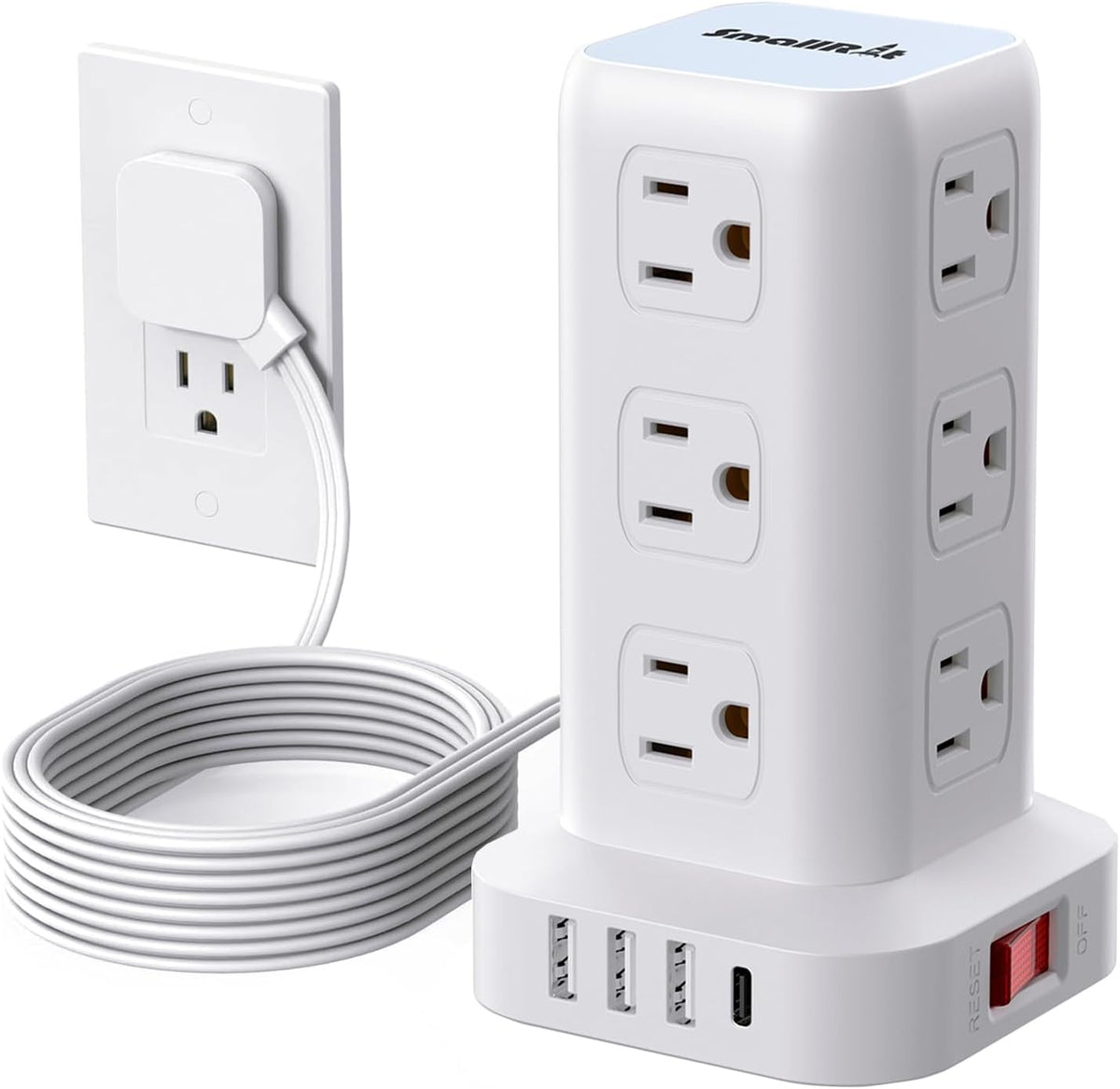 SMALLRT - Cable de extensión con múltiples tomas, regleta de alimentación de enchufe plano con USB 12 salidas de CA, extensor de salida de cable de extensión ultrafino de 6.5 pies para oficina en casa