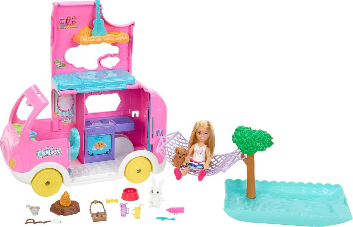 Barbie Camper, Chelsea - Juego 2 en 1 con muñeca pequeña, 2 mascota...