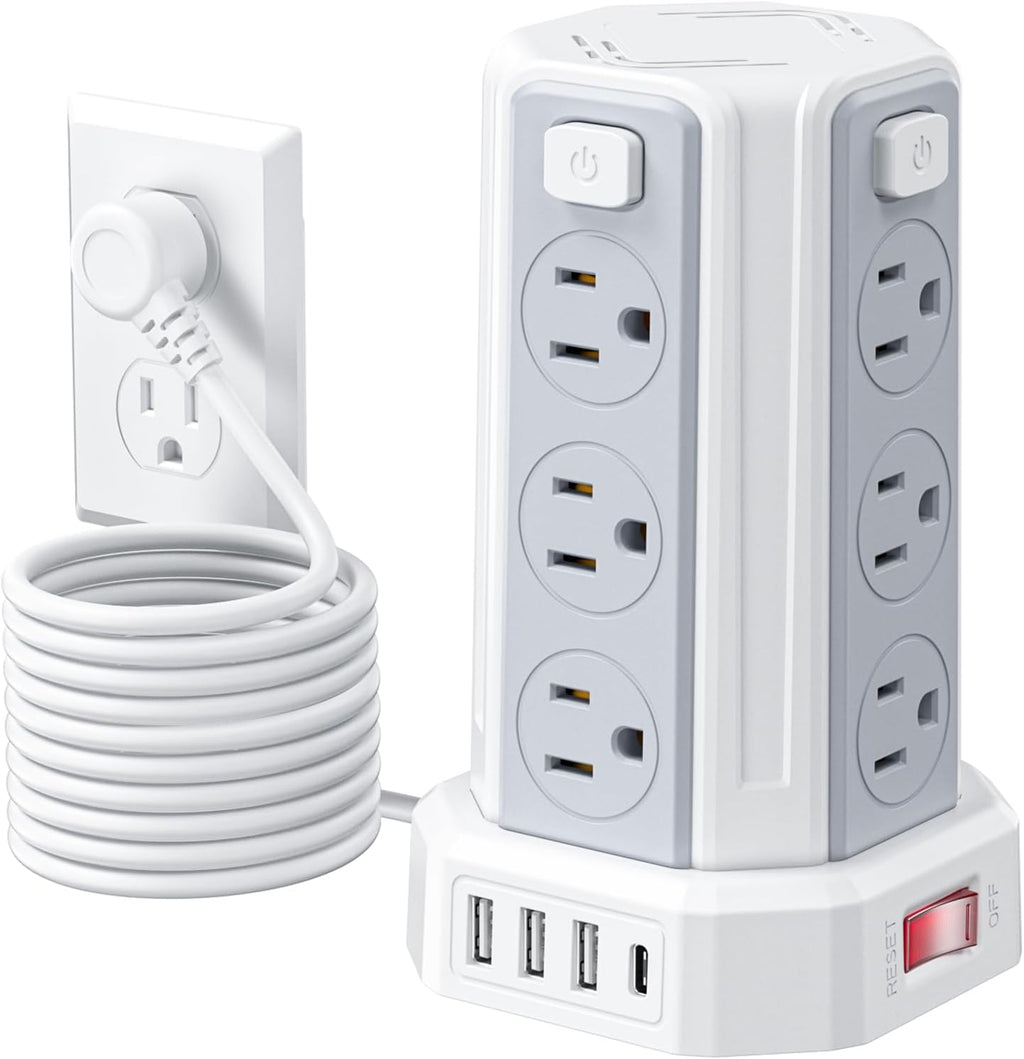 SMALLRT - Cable de extensión de 10 pies con 12 tomas de corriente alterna múltiples, 4 USB (1 USB C), estación de carga de escritorio SMALLRT para hogar, oficina, universidad, dormitorio esencial