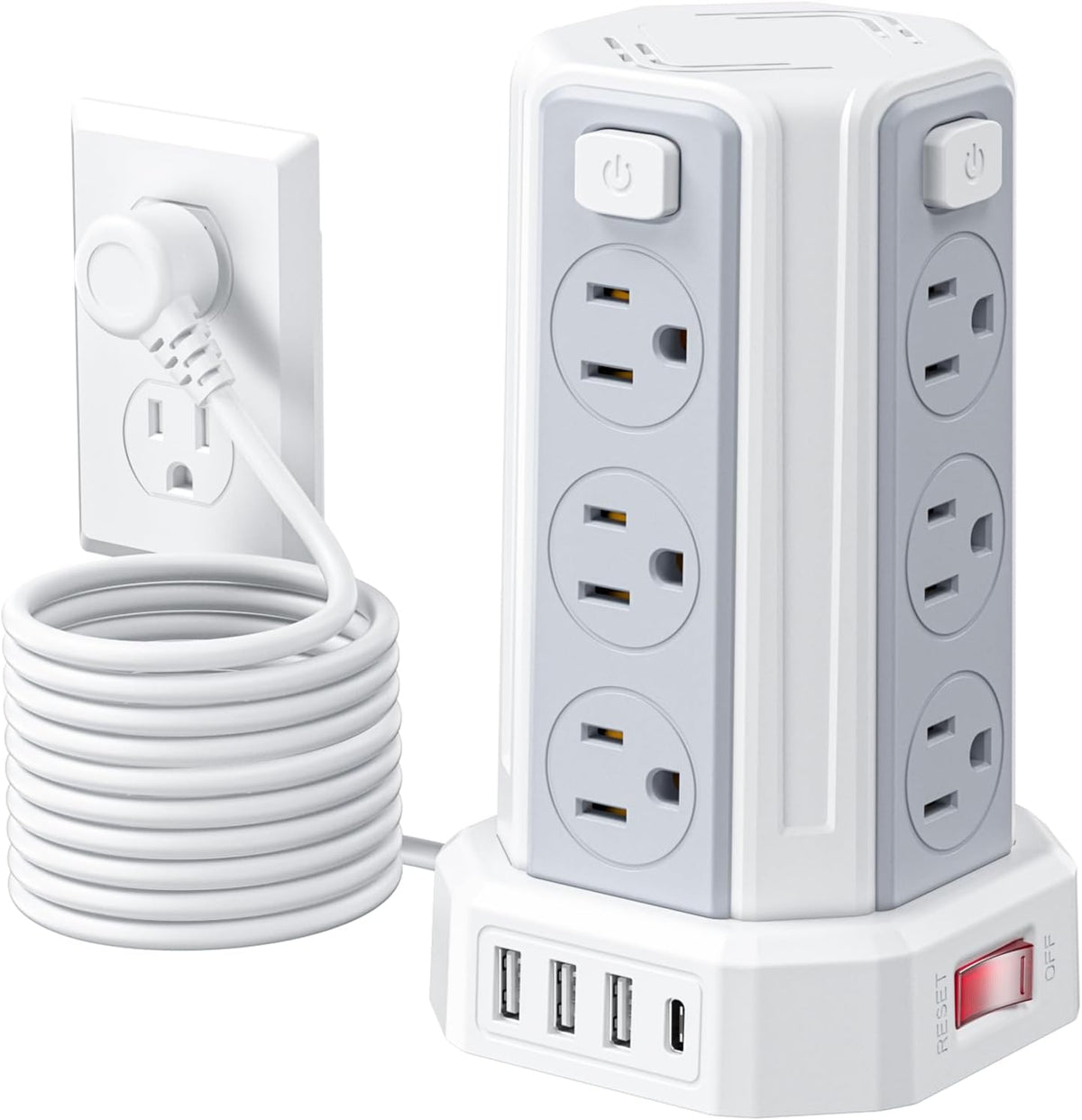 SMALLRT - Cable de extensión de 10 pies con 12 tomas de corriente alterna múltiples, 4 USB (1 USB C), estación de carga de escritorio SMALLRT para hogar, oficina, universidad, dormitorio esencial
