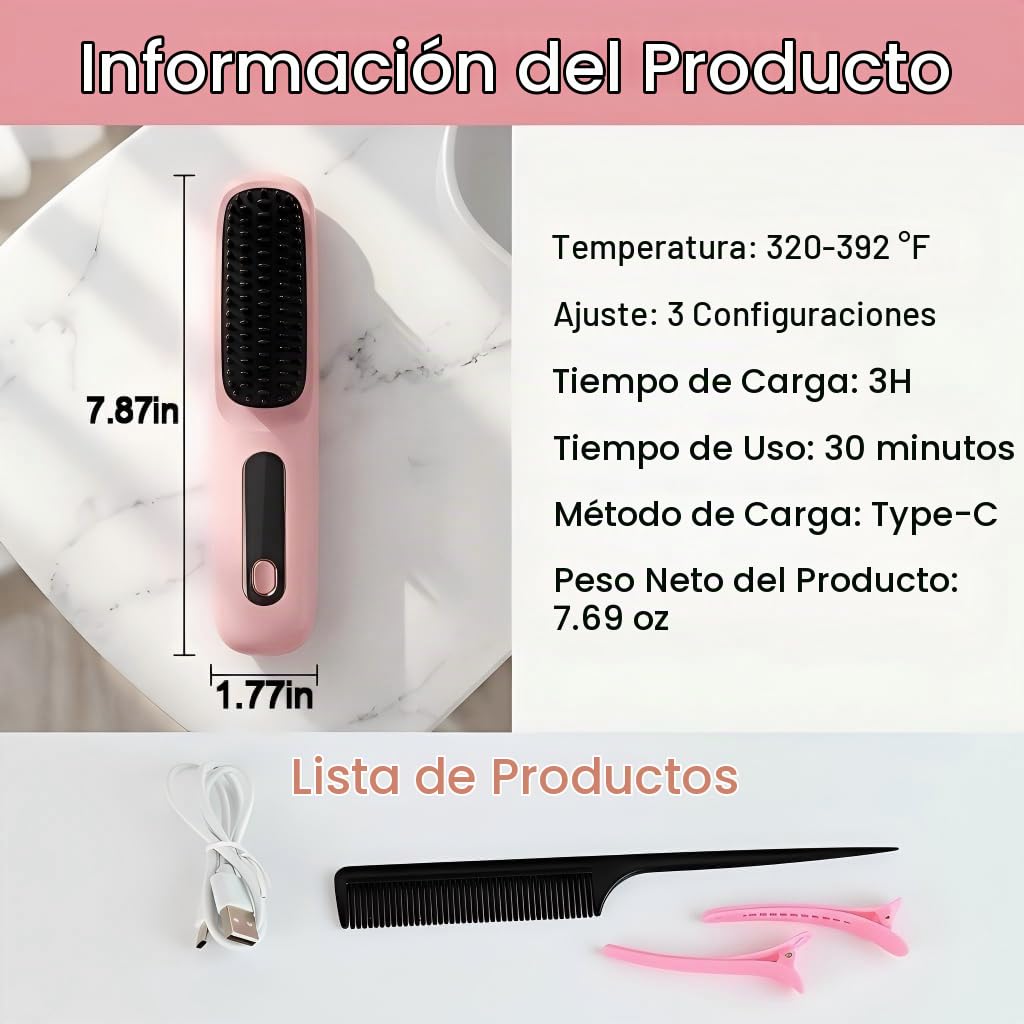 2026 para cabello corto - Cepillo alisador inalámbrico, iones negat...