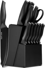 LINHAO Juego de bloques de cuchillos de cocina negros de 14 piezas con