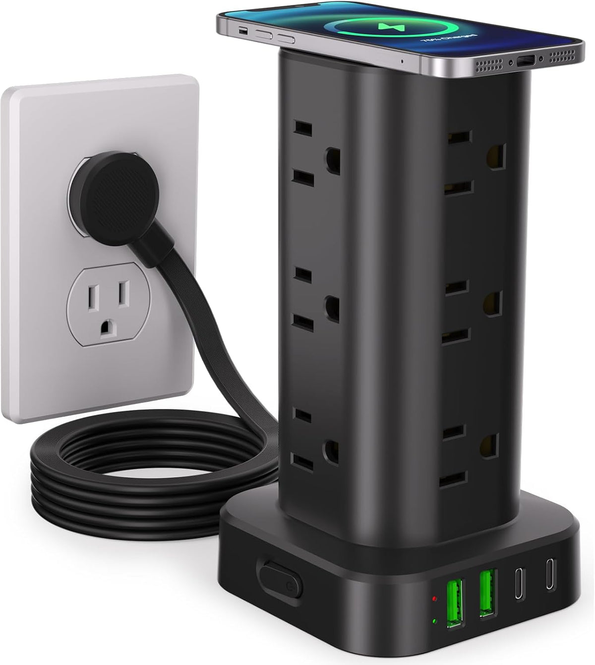 Regleta de alimentación con cargador inalámbrico, protector de sobretensiones de enchufe plano con cable de extensión de 6 pies, 12 tomas de corriente alterna múltiples, 4 USB (2 USB C), torre de
