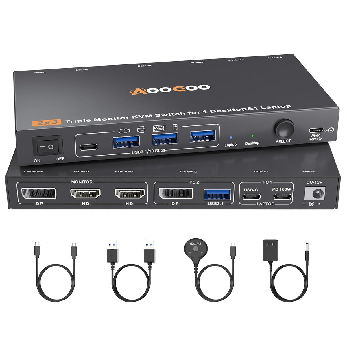 Interruptor KVM USB C DP, 2 computadoras, 3 monitores, interruptor KVM MST 4K/1080P a 60Hz para 1 PC y 1 computadora portátil Share 3 monitores con 4 dispositivos USB 3.0, PD para laptop, cables USB y adaptador de corriente (4K USB C DP 2 en 3 salidas KVM