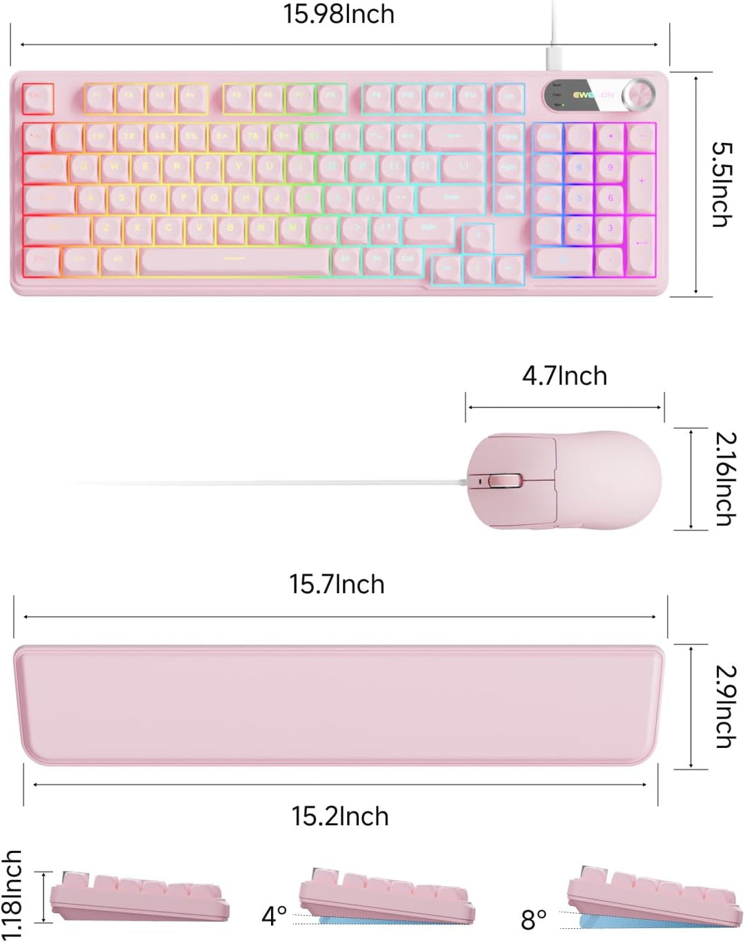 EWEADN Combo de teclado y mouse con cable con reposamuñecas desmont...