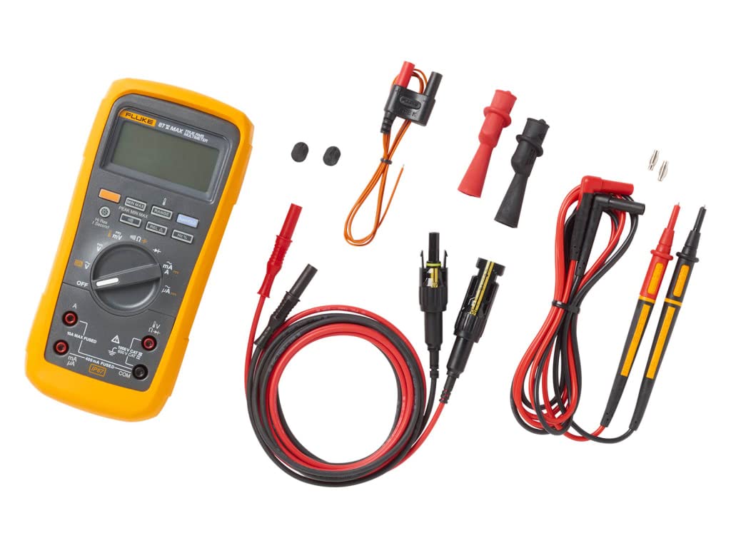 Fluke 87V Max Multímetro Digital True-RMS con Kit de Cables de Prueba Solar, Multímetro Clasificado CAT III 1000V, Estuche Impermeable y Resistente al Polvo IP67, y Cables de Prueba MC4 y Funda