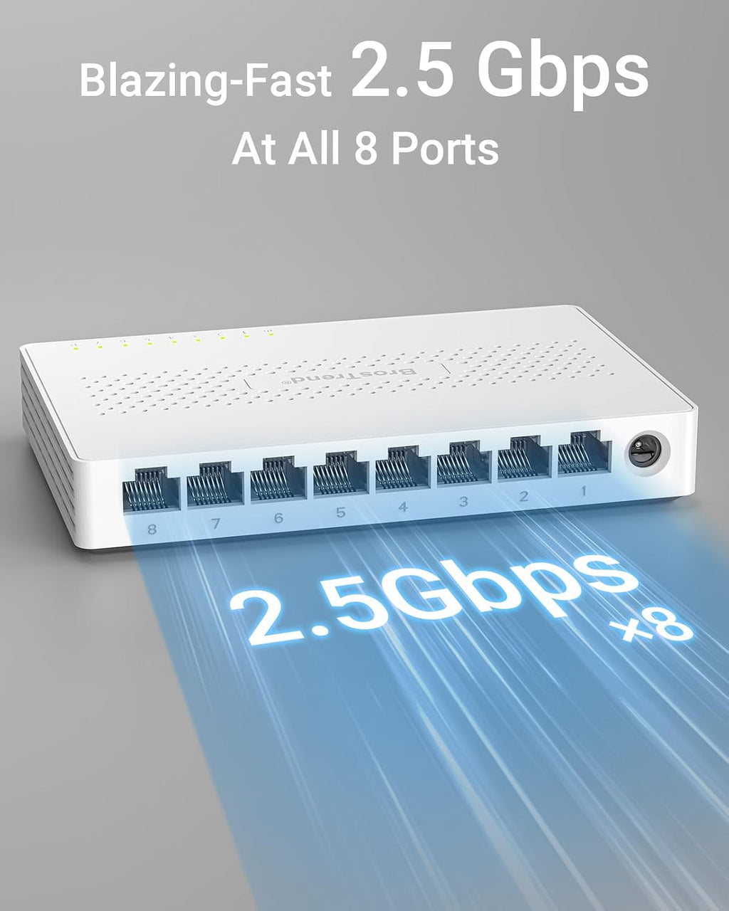 BrosTrend Switch de 2.5Gb, Switch de Red de 8 Puertos 2.5 Gigabit, Switch Ethernet No Administrado para Consola de Juegos, NAS, PC, Switch de Redes de Computadora Plug & Play Sin Ventilador, Montaje