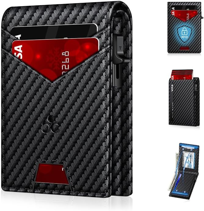 Billetera para hombre con bloqueo RFID minimalista para 12-14 tarjetas | Cartera inteligente delgada y plegable con ventana para identificación y ranura para efectivo, bolsillo frontal, estuche