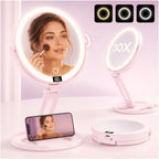 Espejo de maquillaje de viaje con luces, espejo de aumento de doble cara 1X