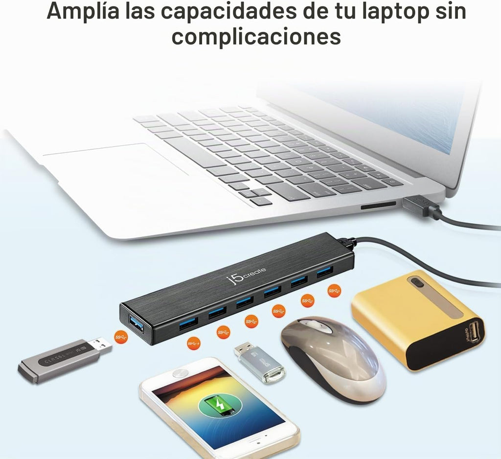 j5create, JUH377, hub USB 3.0 de 7 puertos, alimentado