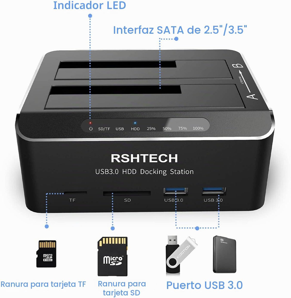 RSHTECH Estación de acoplamiento para disco duro, base SATA de doble bahía