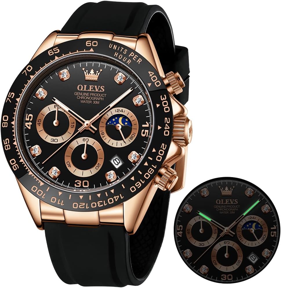 OLEVS Relojes Cronógrafo Masculinos de Moda Empresarial Analógico Quartz Reloj de Pulsera para Hombre, Cinturón de Silicona a prueba de agua con Luminiscente, Calendario