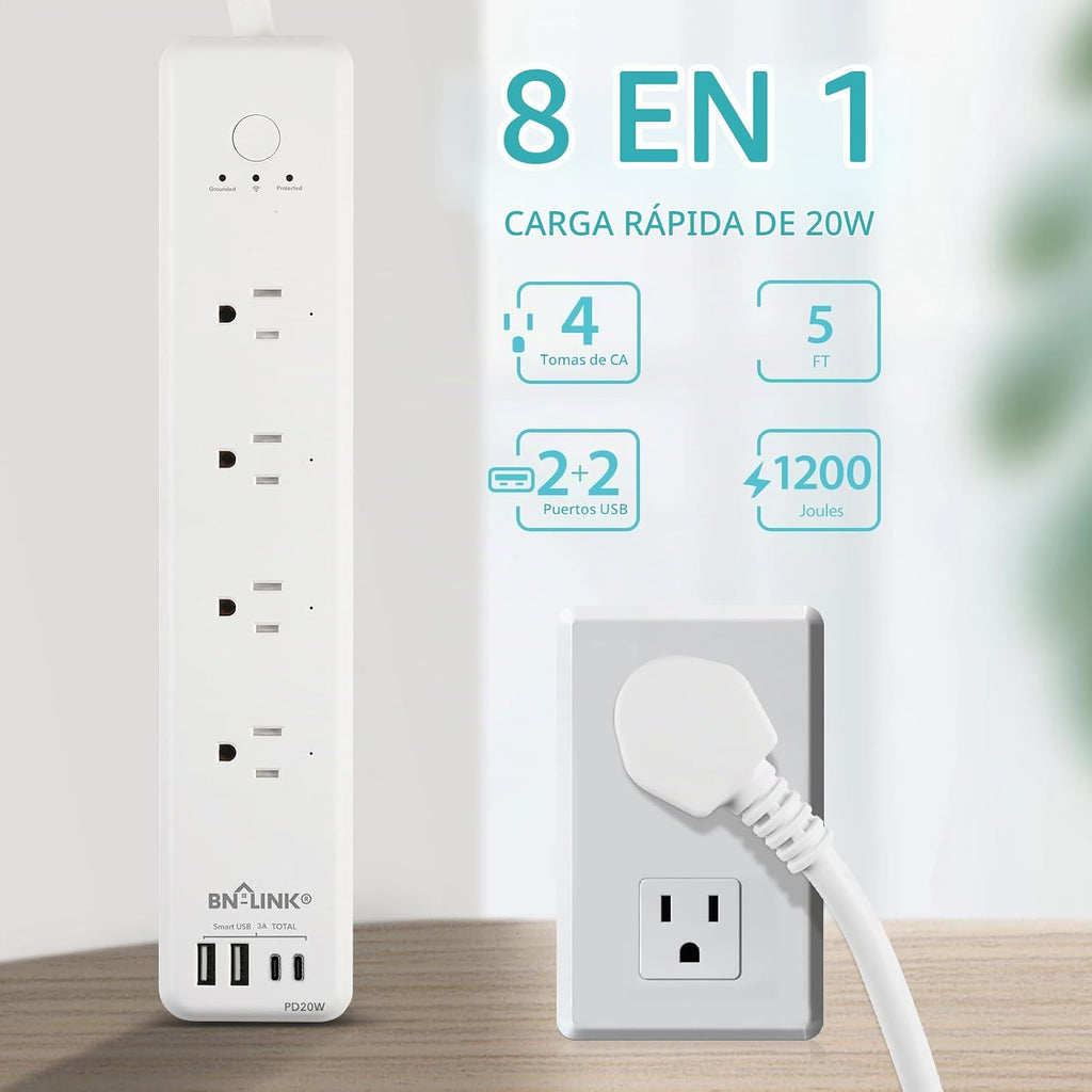 BN LINK tira de alimentación inteligente, protector contra sobrecargas con 4 tomas inteligentes controladas individualmente, 4 USB (incl. USB-C de 20W), compatible con Alexa y Google Home