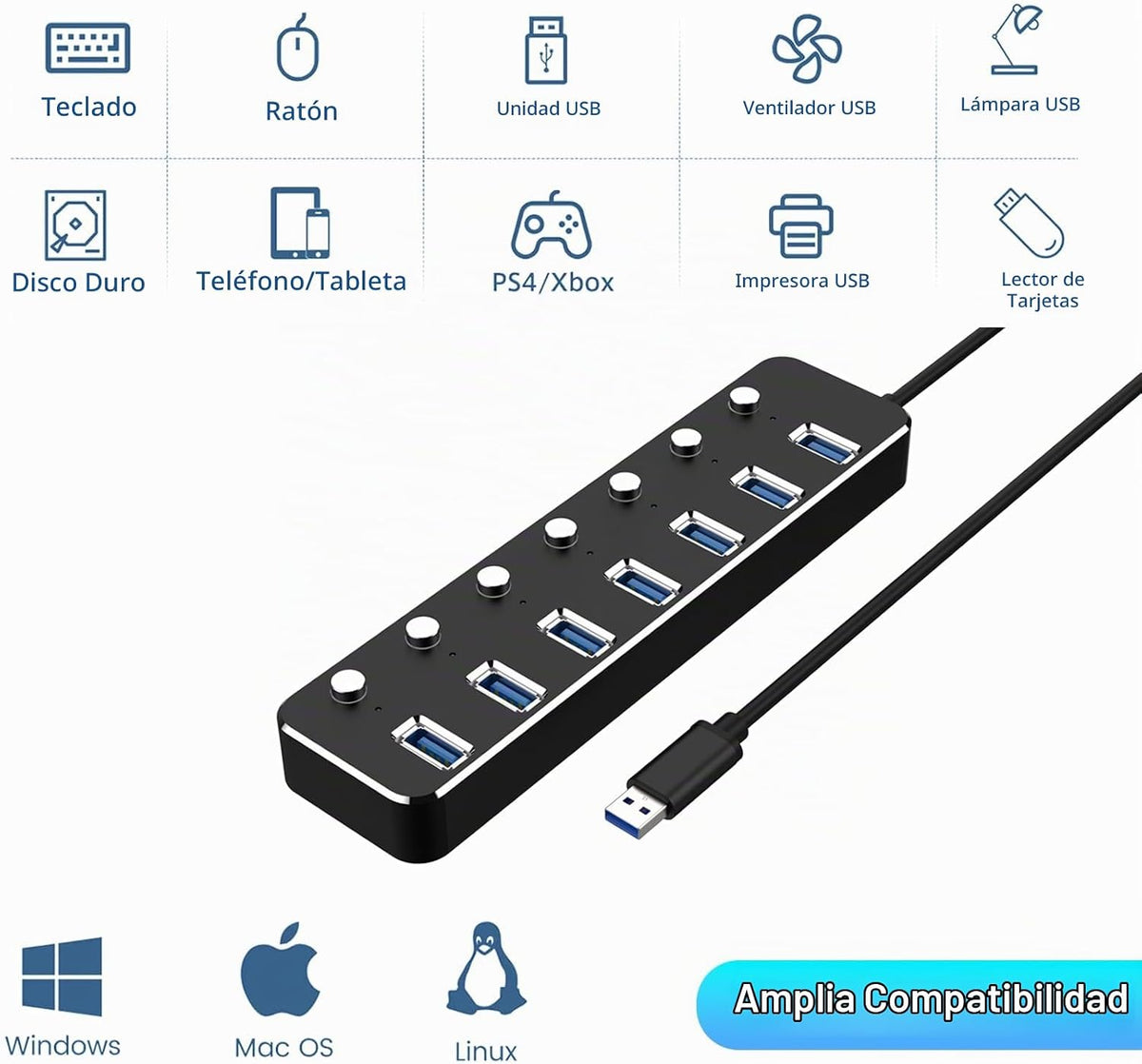 PLERAVOX, hub USB 3.0 de 7 puertos