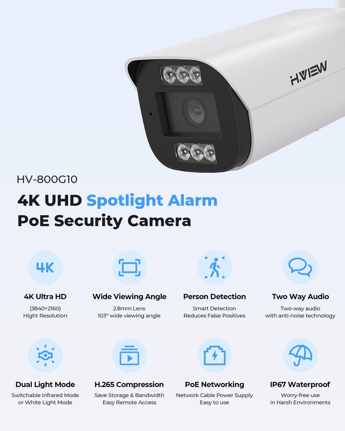 H.VIEW UltraHD 4K (8MP) Cámara IP POE de seguridad bala para exteri...