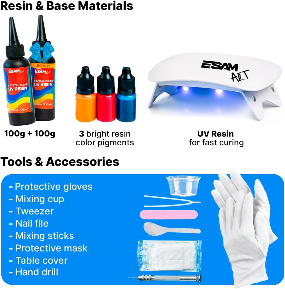 Lámpara ESAM Group Kit de fabricación de joyas de resina UV para niños, adolescentes y principiantes, juego completo de inicio con lámpara UV, 6 moldes de silicona, 48 purpurina, 3 pigmentos, hallazgos de joyería, flores secas y herramientas (kit de lujo)