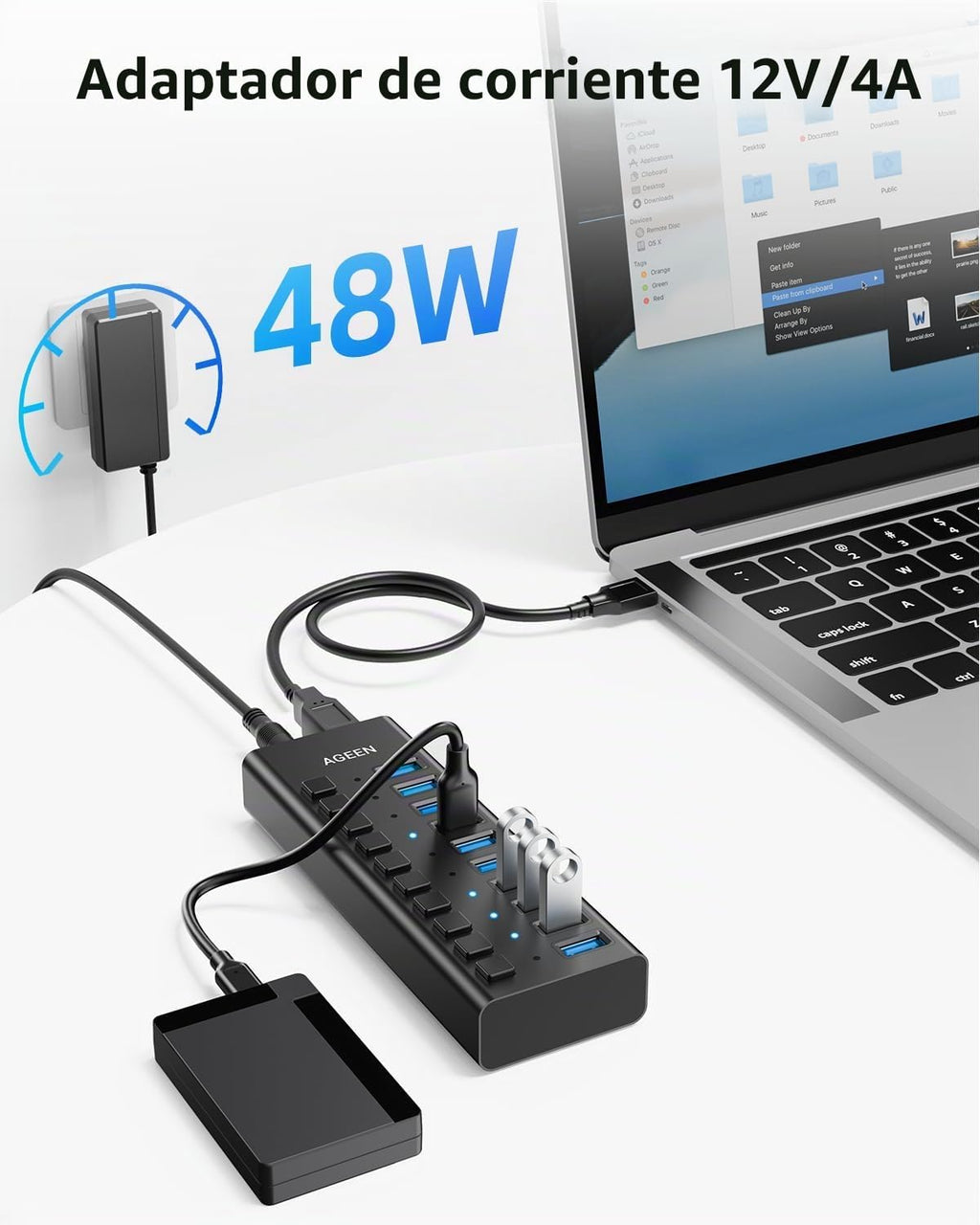 AGEEN, hub USB 3.2 de 10 puertos, alimentado, adaptador 12V/4A