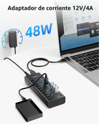 AGEEN, hub USB 3.2 de 10 puertos, alimentado, adaptador 12V/4A