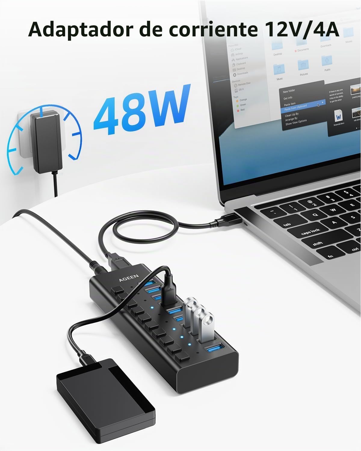 AGEEN, hub USB 3.2 de 10 puertos, alimentado, adaptador 12V/4A