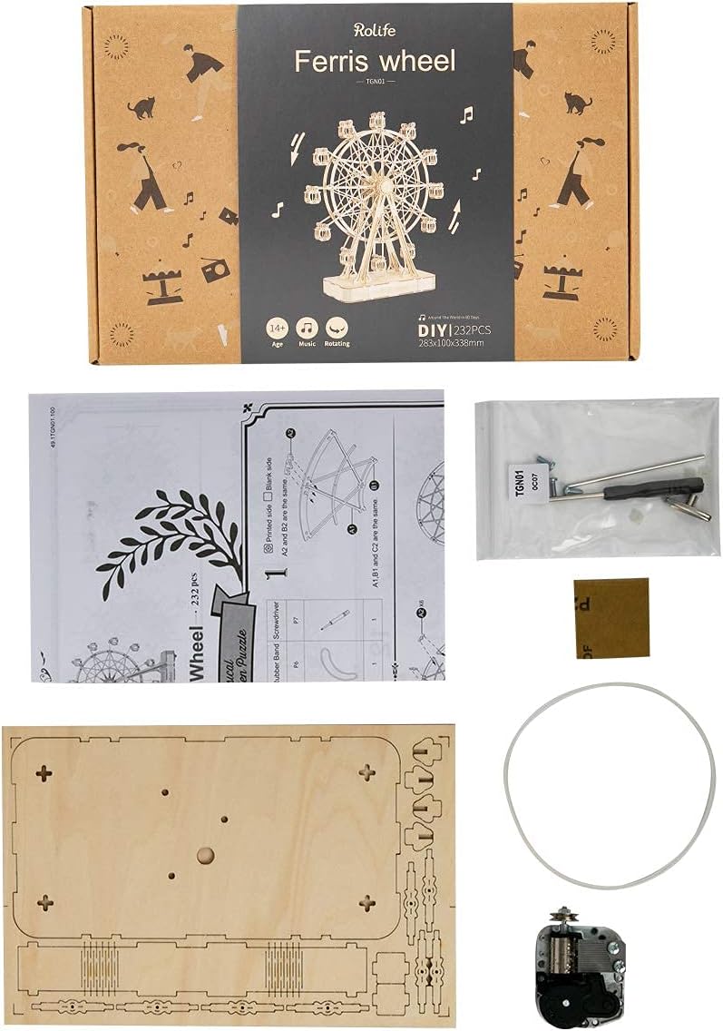 Rolife Rompecabezas de madera 3D con manivela de mano, caja de música, juguetes de maquinario, kit de manualidades de madera, regalo creativo para adultos cuando Navidad/cumpleaños (color madera de rueda de fortuna)